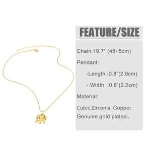 Detail view of gold elephant necklace size and material specs with cubic zirconia accents