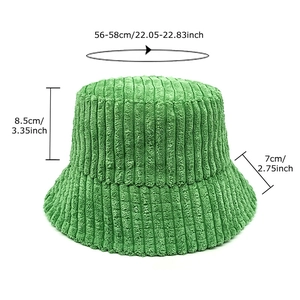 Green striped corduroy bucket hat with detailed size measurements for men and women