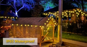 Detail of warm yellow solar bubble string lights with IP65 waterproof rating for outdoors