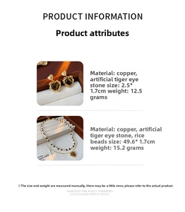 Detailed size and material specs for heart earrings and tiger eye beaded necklace set
