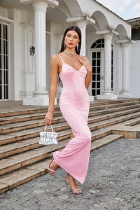 Detailed close-up of pink sequin camisole dress with side slit and elegant slim fit fabric