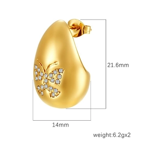 Boucles d'oreilles goutte dorées 18K avec zircon papillon et dimensions détaillées