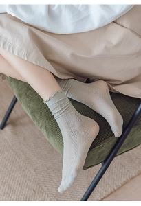 Close-up of light green lace ankle socks with hollow mesh pattern and wavy scalloped cuffs