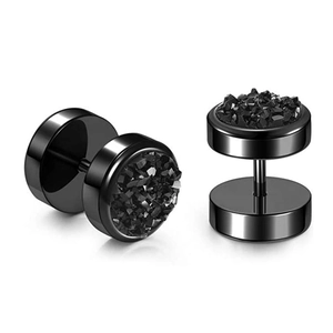 Detail showing black dumbbell stud earrings with druzy texture on polished steel