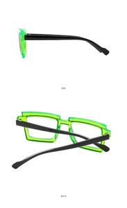 Side and back views of fluorescent green and black square frame blue light glasses