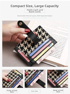 Slim houndstooth card holder detail with eight card slots and central coin pocket