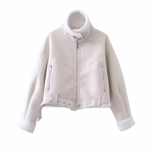 Cream faux shearling biker jacket with stand collar and textured leather finish