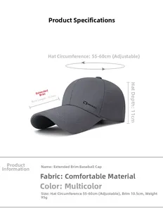 Detail view of adjustable dark grey baseball cap with 10.5cm extended brim for sun protection