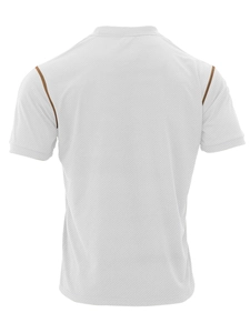 Detailed back view of waffle knit fabric texture on white polo shirt for men