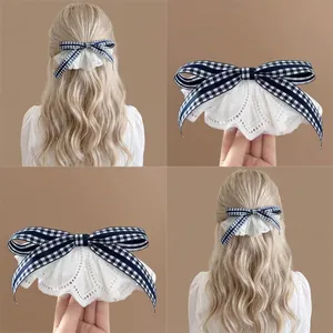 Sweet Bowknot Hair Clip Gingham Ribbon Embroidery Lace Korean Ins Style Retro Spring Barrette Headwear For Women