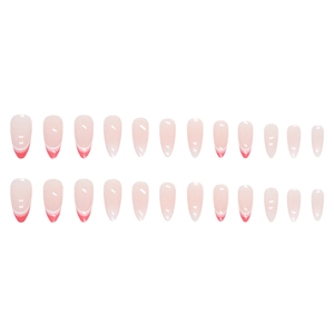 24-piece almond press-on nails with pink base and red-white French tip design