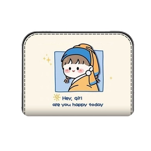 Compact anti-degaussing zipper wallet for women with cartoon girl oil painting print