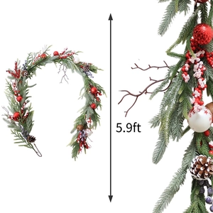 5.9ft Christmas garland with red berries, pine cones, and festive ornaments on white
