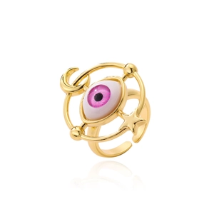 Detail of gold evil eye ring with pink iris surrounded by celestial star and moon patterns