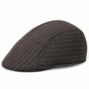 Detailed view of dark coffee striped flat cap with breathable fabric and fine stitching