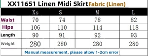 Size chart detail for linen midi skirt with waist and hip measurements in cm