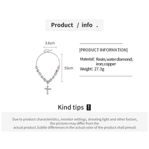 Detailed size and material specification chart for the resin cross pendant necklace
