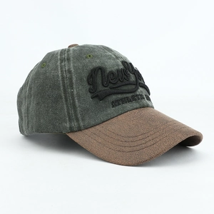 Macro detail of retro baseball cap with New York 3D embroidery and brown suede brim