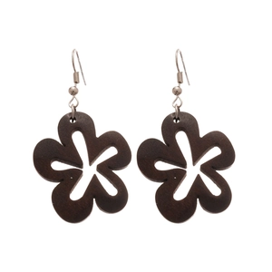 Boucles d'oreilles vintage en bois brun foncé avec motif de fleur ajourée