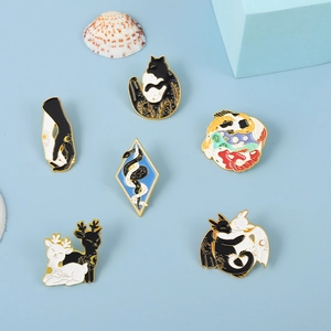 Set of creative animal enamel brooches featuring cat, dragon, and koi tai chi patterns