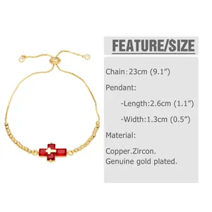 Size chart showing 23cm adjustable gold plated chain with red zircon cross pendant