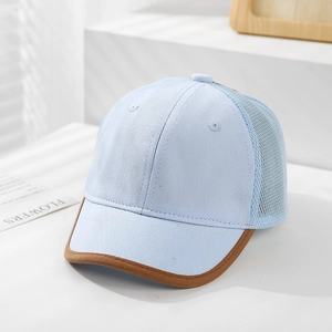 Detail showing breathable light blue mesh and brown piping on this kids baseball cap