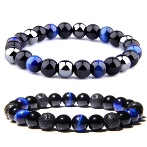 8mm Hematite and Blue Tiger Eye Stone beaded bracelet with Black Obsidian yoga beads