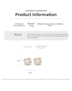 Detailed view of 18k gold plated pearl flower earrings with dimensions and material info