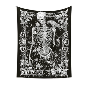 Detail of gothic tapestry featuring skeleton, raven, and roses with thorns and vine patterns