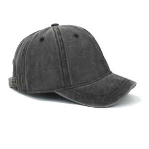 Detail view of washed dark grey cotton baseball cap with vintage metal adjustment buckle