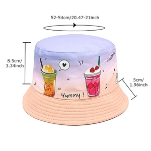 Kids gradient sun hat with cute cartoon drink print and detailed size measurements