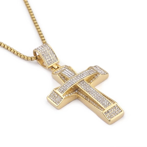 Hip Hop Cross Pendant Necklace Men 18K Gold Plated Stainless Steel Iced Out Zircon Box Chain Streetwear Jewelry
