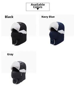 Winter thermal trapper hat detail showing black navy and grey color options with mask