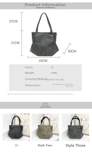 Detailed size and specs chart for large PU leather tote bag with three color options