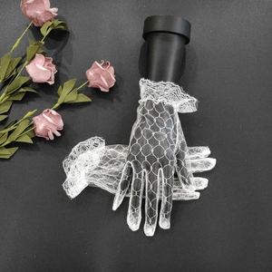 Elegant white lace gloves with mesh ruffle wrist for wedding and tea party events
