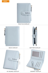Detail view of light blue PU leather wallet with card slots and zipper pocket