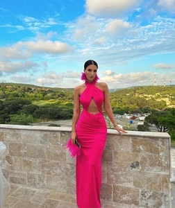 Detailed view of fuchsia halter neck dress with feather trim and waist cut-out