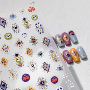 5D Relief Nail Art Stickers Halloween Skeleton Pumpkin Baroque Style Adhesive Decals With Rhinestones For Women DIY