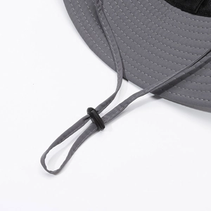 Men's wide-brim outdoor sun hat in gray featuring an adjustable chin strap and toggle