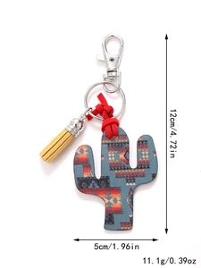 Detailed dimensions of wooden cactus keychain with tassel and geometric ethnic pattern