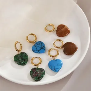 Heart natural stone earring set with gold stainless steel hoops in blue green brown