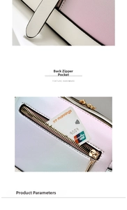 Detail of pink and blue gradient crossbody bag with gold zipper and back pocket