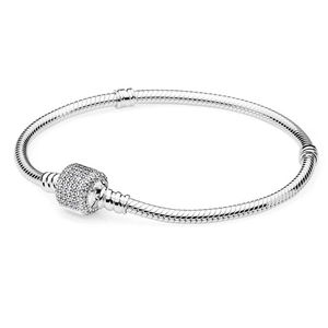 Silver snake chain bracelet featuring a sparkling cylinder clasp with cubic zirconia