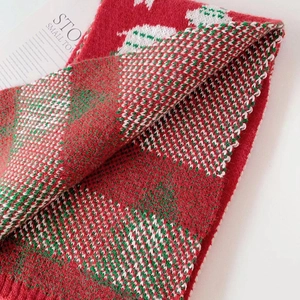Red Christmas reindeer knitted scarf for kids featuring green tree and houndstooth patterns