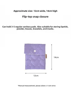 Detailed size view of a 12x14cm purple quilted heart sanitary bag with snap button