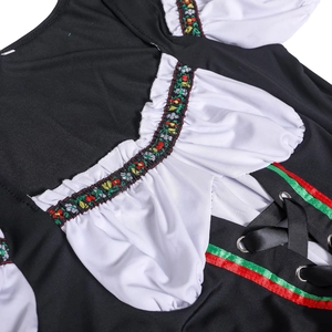 Detail of Dirndl dress featuring floral embroidery, corset lacing, and metal eyelets