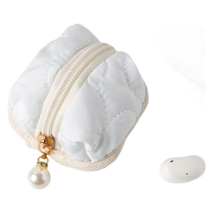 White quilted cloud mini storage pouch with pearl pendant and gold zipper for earbuds