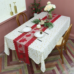 Christmas Table Runner Red Lace Holiday Decor Tassels Bells Pattern Polyester Dining Tabletop Decoration
