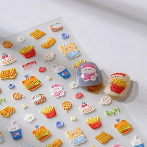 3D embossed nail art stickers featuring cute picnic bear and yummy food designs