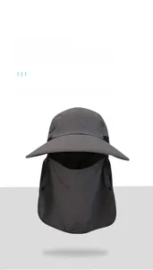 Detail of the breathable mesh mask and neck flap on a dark gray outdoor sun hat